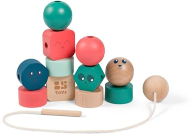 Junior Beads – Holzspielzeug zum Auffädeln für Kinder ab 18 Monaten, 12 große Bunte Perlen für Feinmotorik, Kreativität und Hand-Augen-Koordination, inklusive Schnur