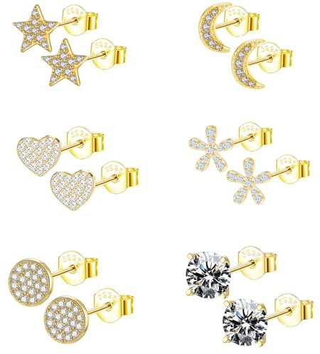 Epoch World stiftörhängen silver 925, 6 par, 925 sterlingsilver, örhängen för kvinnor, flickor, kvinnor, allergivänliga, små blommor, rund, hjärta, guld, örhängen, stjärna, måne, örhänge, guld, zirkon