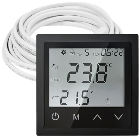 Digital Thermostat, Smart Thermostat, Raumthermostat Fußbodenheizung mit 300CM Kabel, Raumthermostat Touchscreen, Wandthermostat, Raumtemperaturregler für Wandheizung Fußbodenheizung(Schwarz)