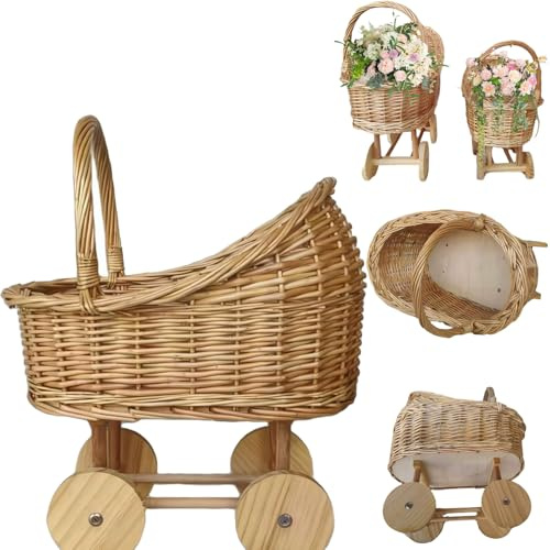 Wicker Baby Carriage for Baby Shower,Woven Rattan Stroller Shaped Flower Basket Handwoven Rustic Decoration,Easy to Carry with Handles Unique Trolley Style for Wedding Floral Arrangements Gift (2)