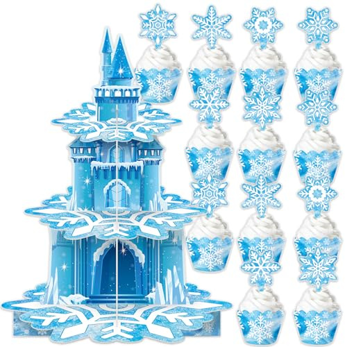 Three Tier Blue Snowflake Cake Stand, 25Pcs Frozen Birthday Party Supplies, Christmas Snowflake Cupcake Decorations, Winter Wonderland Supplies, Boy Girl Party Decorations, Baby Shower