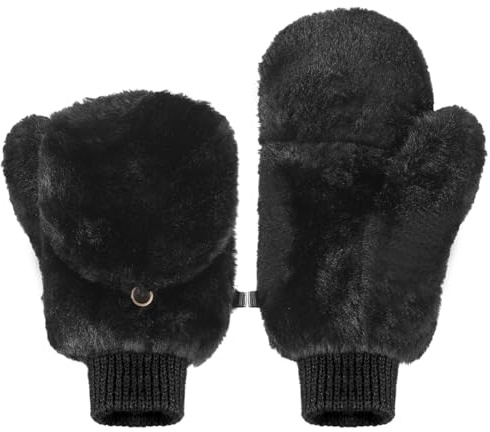 Qchomee Teen Girls Convertible Mittens Fingerless Winter Fluffy Faux Fur Gloves with Flip Cover Warm Cosy Gloves Christmas Birthday Gifts Mittens for Girls Age 10-14 Years