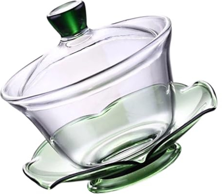 IMUSINICE Taza de Té Tipo Sopera China de Vidrio Transparente Tapa, Diámetro 10 Cm, Altura 9 Cm, Color Verde, Set Compacto para Preparar Té Tradicional en Casa U Oficina