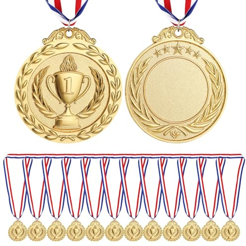 Wyngee 12 medallas de Metal Dorado con Cinta, medallas para Adultos/Estudiantes/Atletas, medallas de Ganador para competiciones/Deportes/decoración de Fiestas.