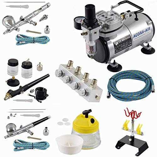 Agora-Tec® Airbrush Komplett-Set EXPERT XVIII.13, inkl. Kompressor mit 4 bar und 20l/min + 3 Airbrushpistolen mit 0,2 & 0,3 & 0,5 & 0,8mm Nadeln/Düsen + regelbaren 4-fach Luftdruckverteiler + 4-fach-Halter + Clean-Pot + 3 Schläuche + Adapter