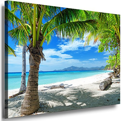 Julia-Art Leinwandbilder Landschaft Bild 150 x 100 x 2 cm - Wandbild 1 teilig - Wand Deko Modern Design Kunstdruck Palmen Strand Meer HR77-7