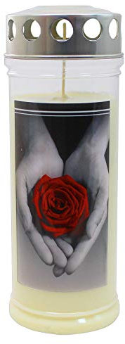 Bougie funéraire 215 x 75 mm, motif rose et main, durée 150 heures