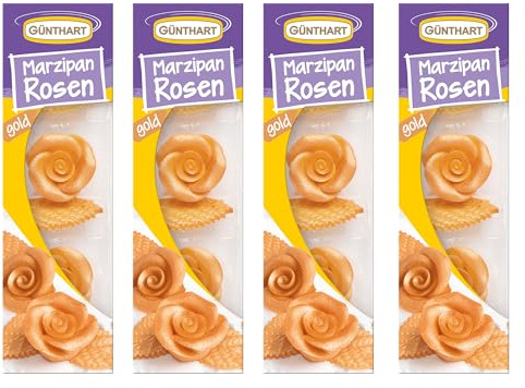 Günthart BackDecor | Marzipan Rosen und Blätter | in der Farbe gold | 4er Set | zum Dekorieren von Süßspeisen zu besonderen Anlässen | insgesamt 12 Rosen und Blätter