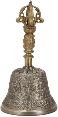 Tibetische Tempelglocke aus Messing, verzierte Klangschale, 14 cm | Schön verzierte Glocke, unterstützt Meditation, symbolisiert Weisheit und Disziplin, ideal für Hausaltar.