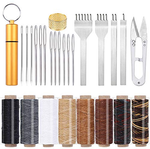 Leather Tool Kit, Leather Working Kit, Leather Tools with Prong Punch, Waxed Thread, Sewing Needles for DIY Leather Craft Hand Stitching Sewing