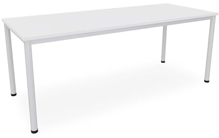 Schreibtisch in verschiedenen Größen und Farben, Konferenztisch graues Metallgestell, Stabiler Besprechungstisch Arbeitstisch, Bürotisch hauseigene Fertigung (B: 200 cm x T: 80 cm, Weiß)