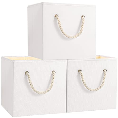 Yawinhe Cajas de Almacenaje, Cestas Organizadoras, Cubos de Almacenamiento de Tela, Plegables, para Estantes, Dormitorio, 33x33x33cm, Blanco, 3-Pack