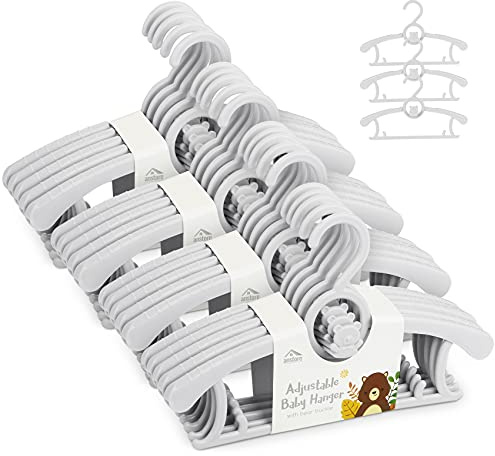 Perchas Infantiles, Anstore Juego de 20 Perchas Extensibles para bebés, Perchas de plástico Antideslizantes para Ropa de bebé, Longitud Ajustable de 29-37 cm, Ahorro de Espacio (Gris)