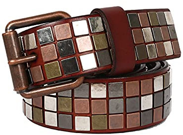DFGGE 3 Reihen Vintage Nietengürtel, Studded Taillengürtel Belt Quadratische Nieten Metall Gürtel Für Jeans, Hosen, Gothic, Punk, Rockwear,Braun,125cm/waist:42~44