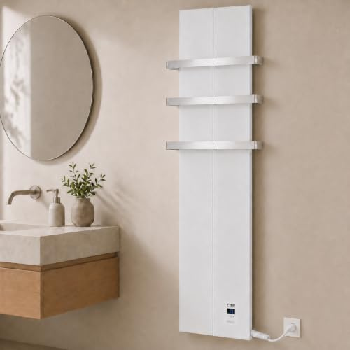Finesa-D Badheizkörper elektrisch mit Thermostat 1500×408 mm | 1200 W – Flacher Paneel Design Handtuchheizkörper – Weiß – energiesparend – 5 Jahre Garantie