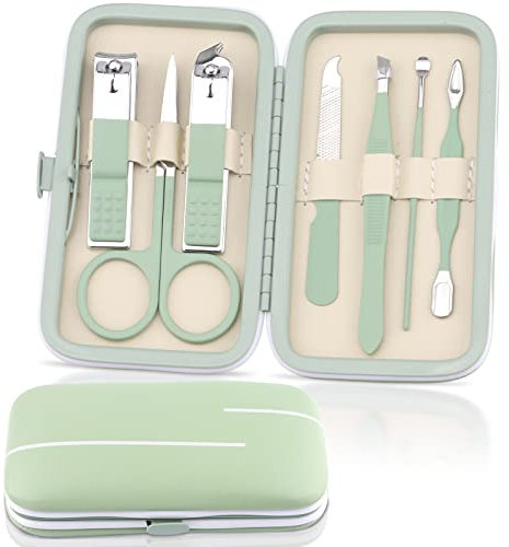 7in1 Manicure Set, Kalolary Professional Stainless Steel Nail Care Kits Pedicure Kit Grooming Kit with Portable Travel Case for Thick Nails Cuticle Remover Toe Nail Toenail Care Women Men(Green)