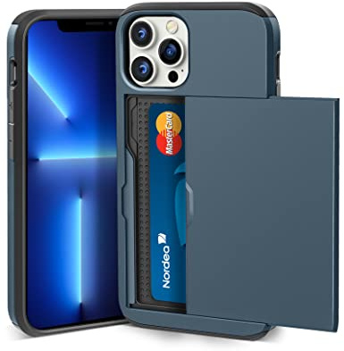 ACOCOBUY for iPhone 13 Pro Max Case with Card Holder Sliding Cover Hidden Pocket IDs Credit Cards Slot Heavy Duty Shockproof Protective Dual Layer Wallet Phone Cover Back Shell for Men Women 6.7 Navy