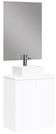 Baikal Mueble de Baño Onyx con Fondo Reducido. Mueble Suspendido en Pared Incluye Lavabo cerámico sobre encimera. Mueble Montado. con Espejo 60 cm Fondo 36, 2 Puertas Blanco Melamina