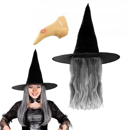 Halloween Hexenhut mit grauem Haar + Hexennase für Frauen, Party Cosplay Kostüme Zubehör Hexen Zauberer Halloween Maskerade Dekorationen Requisiten für Erwachsene, Schwarz