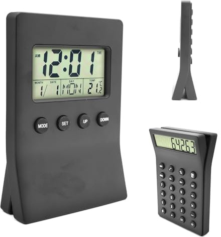 Fishtec - Digitaluhr - Taschenrechner - Temperatur - Uhrzeit, Datum, Tag - Wecker - Tag und Nacht - Stromversorgung: 2 Knopfzellen AG13 (inbegriffen) - Schwarz