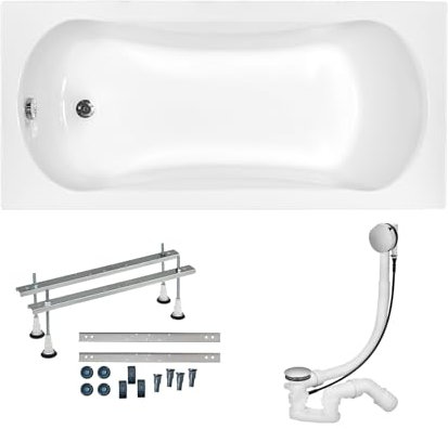 KOLMAN Badewanne ARIA Rechteck 140x70 ohne Verkleidung, Ablaufgarnitur und Füßen Komplettset 3in1 Premium Original Acryl Wanne Siphon
