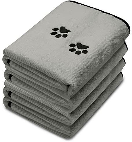 Irenare 4er Pack Hundehandtücher zum Trocknen Mikrofaser Hund Handtücher Weich Saugfähiges Haustier Badetuch Schnelltrocknend Hunde Badehandtuch mit Gestickt Pfoten für Katze (Grau, 90 x 50 cm)
