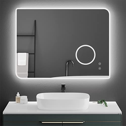 Meerveil Miroir de Salle de Bain, Miroir Mural avec Éclairage LED Loupe 3X Interrupteur Tactile Antibuée et Lumière Réglable, Style Moderne pour Salle de Bain, 80 x 60 cm (3000-6400K)