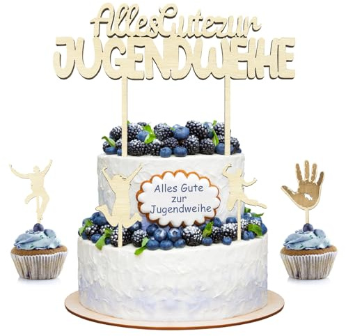 TOPJOWGA Holz Jugendweihe Tortendeko Set - 5 Stück Cake Topper Mit Alles Gute Zur Jugendweihe, Jugendweihe Tortenstecker Kuchen Topper für Deko
