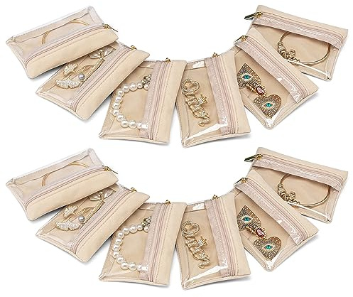 VLANDO Jewelry Travel Case,Travel Jewelry Organizer with Clear Velvet Jewelry Bags Zipper Pouch for Women Girl Gift 12Pcs Bag