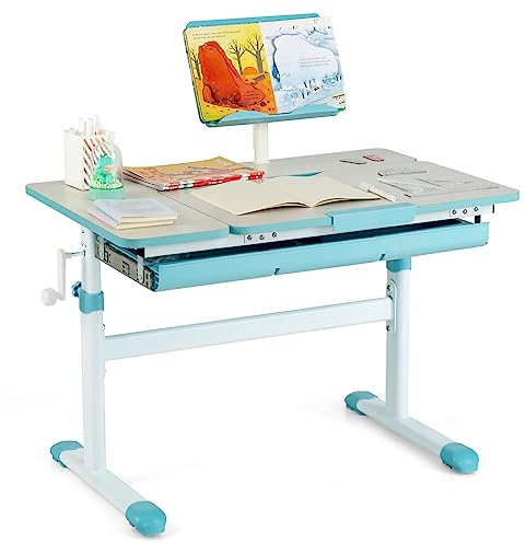 COSTWAY Scrivania da Studio per Bambini 3+ Anni con Altezza Regolabile Blu