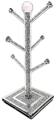 BMLIMITED BML Crushed Diamond Kitchen Mug Tree Cup Holder | Silver Glass Sparkle 6 Hook Kitchen Bling Ornament | Easy Eye Catching Elegant Silver Trimmimngs Look for Home Decor