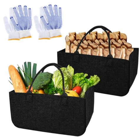 2 Pezzi Sacchetti in Feltro Cesto Porta Legna per Interni Kit,50x25x25cm XL Cesto Portalegna da Interno, Portalegna Feltro, con 2 Guanti, per Cestino Per La Spesa, Legna da Ardere