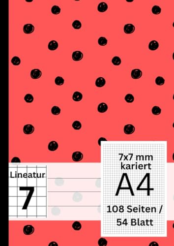 XXL Schulheft - 108 Seiten / 54 Blatt, 7x7 mm kariert, A4, Lineatur 7 mit weißem Rand: Geeignet als Matheheft, Schreibheft, Übungsheft für 1. und 2. Klasse - gepunktet rot