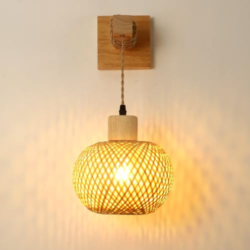 Wandleuchte Innen Vintage Wandlampe Holz Bambuslaterne Lampe Nature Rattan Bambus Geflecht Stromanschluss Industrial Style Wand Nachttischlampe E27 Nachtlicht Für Wohnzimmer Schlafzimmer Beleuchtung