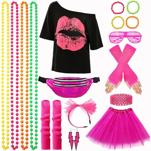 XCMVCN 80er & 90er Jahre Outfit Damen, Kostüm 80er Jahre damen für Fasching und Mottoparty mit Accessoires - (Rosa,M)