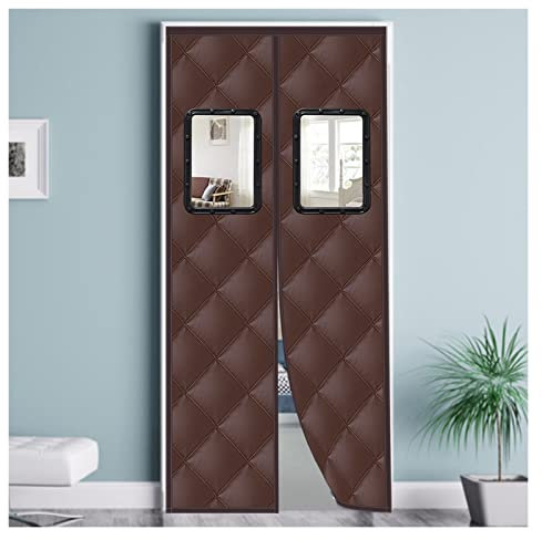 Magnetischer wärmeisolierter Türvorhang, Verdunkelungsvorhänge, langlebiges Oxford-Tuch, wetterfest, mit durchsichtigen Fenstern, Türvorhänge (Farbe: Braun, Größe: 120 x 210 cm/47 x 83 Zoll