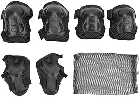 BORDSTRACT Ensemble D'équipement De Protection pour Patins à roulettes, 6 Pièces, Protège-Poignets, Coudes Et Genoux Réglables, pour Enfants De 6 à 18 Ans, pour Le Patinage sur(Noir)