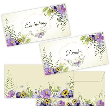 250 Einladungskarten + 250 Dankeskarten mit Kuverts. Hochzeit, Standesamt, Geburtstag, Konfirmation, Kommunion, Taufe, Geburtstag, Jubiläum. Klappkarten 21 x 10,5 cm. Blumen Veilchen Viola Pastell