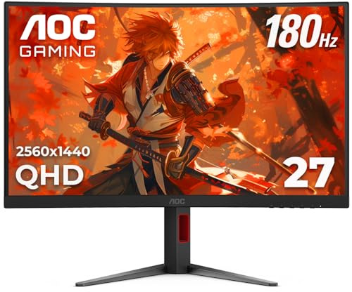 AOC CQ27G4H 27 Curved Gaming Monitor, QHD 2K 2560x1440, 1500R VA, 180Hz 0.5ms, AMD FreeSync Premium, Height Adjustable Stand, Xbox PS5 Switch Compatiable, 3-Year Zero-Bright-dot