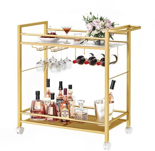 Joaxswe Bar Cart,Home Bar Serving Cart with Storage Shelves, 2 Tier Rolling Beverage Cart with Wheels, Modern Wine Cart with Wine Rack and Glass Holder for Kitchen, Living Room,Dinning Room,Gold