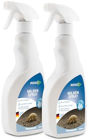 Biozidfreies Milbenmittel 2x500ml – mechanische Wirkung gegen Milben auf Matratzen – Effektives Mittel gegen Hausstaubmilben im Haus – biozidfreie Milben Lösung von INSIGO