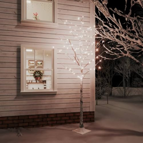 Cinyiqo LED White Birch Tree Warm White 240 LEDs 300 cm Snowy Effect Brown Christmas Twig Tree Pre Lit With White LED