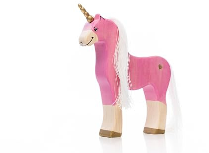 Lilu® Einhorn Stute mit leuchtendem Herz, Mähne und Schweif, Fabelwelt Holztiere handbemalt, Holzspielzeug aus FSC®-Holz, EN71 und DEKRA Zertifiziert Spielfigur für Kinder - 15cm x 17cm x 2,8cm
