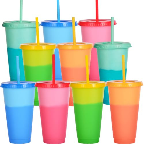 Yisituo 710ml Becher mit Deckel und Strohhalm, 10 Stück Farbwechsel Becher, für Kinder, Mehrweg Plastikbecher, für Partys, Smoothies und Travel (10, Polychrom)