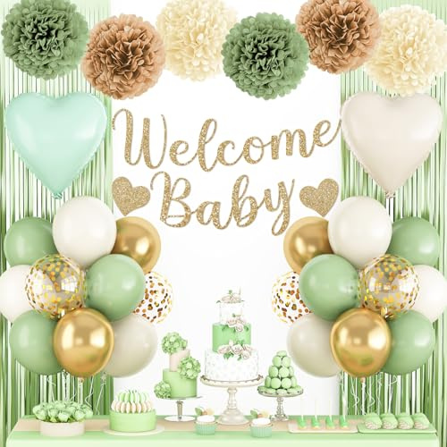 Sage Green Gold Baby Shower Decorations,Welcome Baby Banner with Sand White Green Balloons Fringe Curtains Paper Pom Poms Flowers Tassels for Girl Boy Boho Baby Shower Gender Reveal Party Supplies