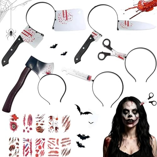 5Pcs Serre Tête Halloween,Bandeau D'Horreur Halloween,Tête DéCoration Couteau Plastique Halloween Sanglant Seringue Ciseaux avec Cicatrice Tatouage,Terreur Vampire Zombi Cosplay Decoration Effrayante