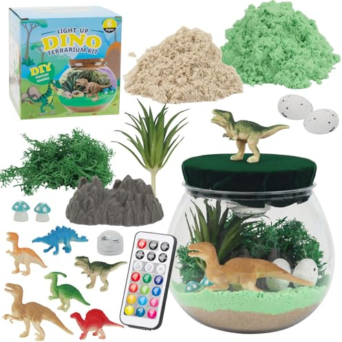Decostatue Dinosaurier Terrarium Set für Kinder - DIY Dinosaurier Spielzeug für Jungs ab 4, 5, 6, 7, 8-12 Jahre - Bastelset Kinder mit LED-Vulkan & Fernbedienung, Dino Deko