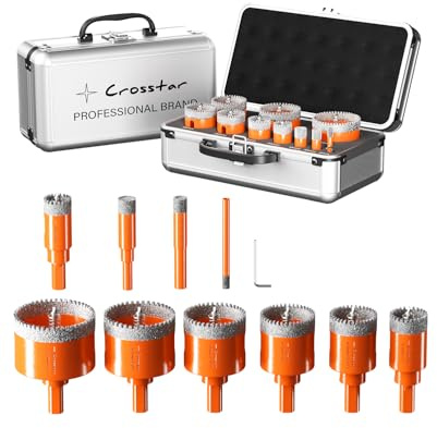 Crosstar 10PCS Diamond Hole Saw Kit with Pilot Bit & Spring - Brazed Diamond Core Drill Bits for Tile, Ceramic, Porcelain, Marble, Granite (6/10/12/20/25/30/35/40/45/50mm) Includes Aluminum Case