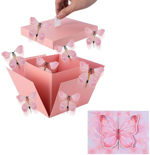 SHILIPAIJC Butterfly Explosion Gift Box, DIY Flying Butterfly Surprise Box | Birthday Box Exploding Surprise Gift with 4 Flying Butterflies and Card for Christmas Wedding Anniversaries (Pink)