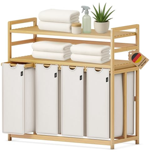 XMHome Wäschesammler 4 fächer, 198L Wäschekorb,2 Ablagen,Bambusrahmen | Wäschesortierer 4 x 49.5L, ausziehbar abnehmbar,Doppelregal, Farbe Grau